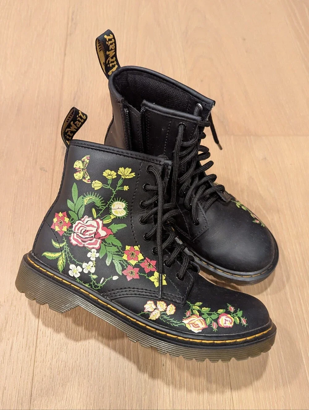 Dr. Martens Girl's Black Floral Lace-Up Combat Boots